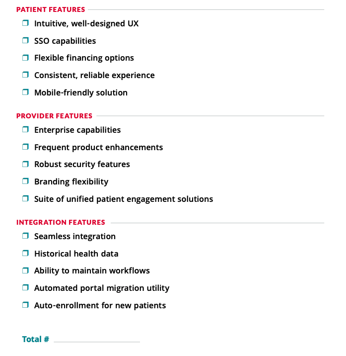 Patient Portal Checklist with Patient Features, Provider Features, and Integration Features