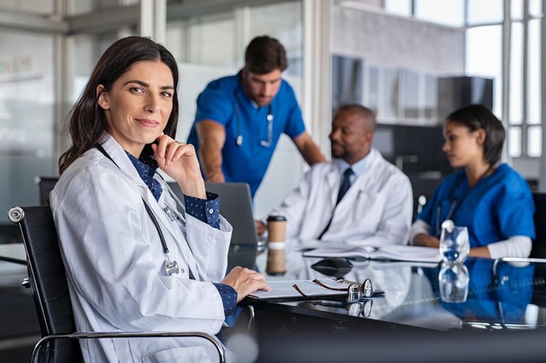Successful doctor at conference stock photo