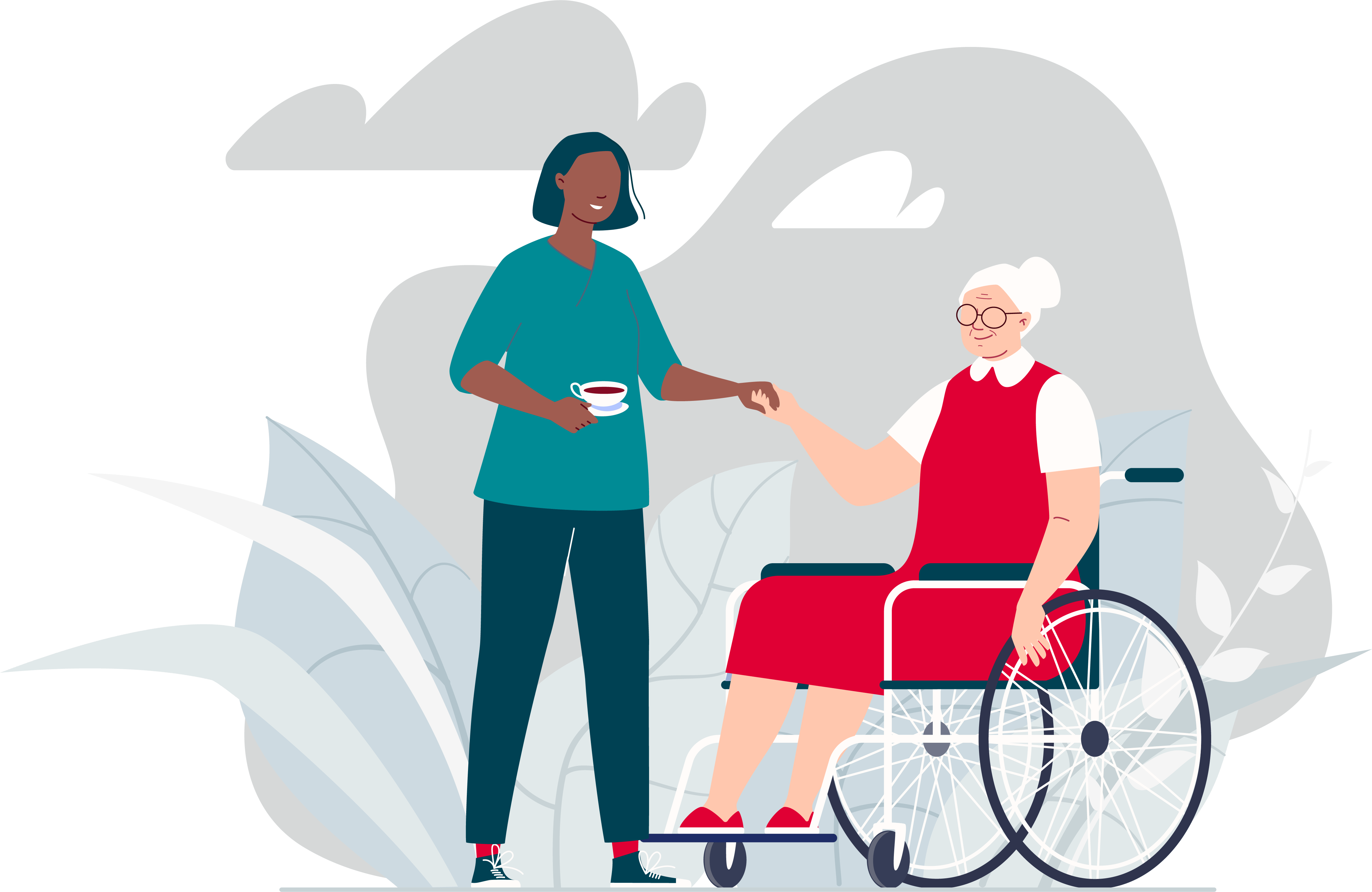 Healthcare worker helping senior woman in wheelchair